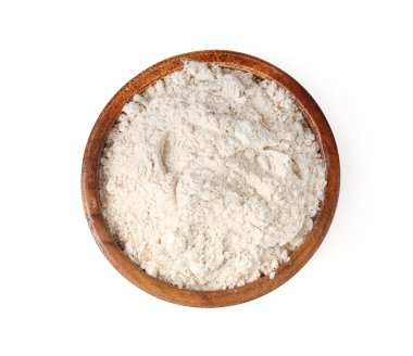 Kahverengi pirinç unu beyaz kasede izole edilmiş, üst manzara.