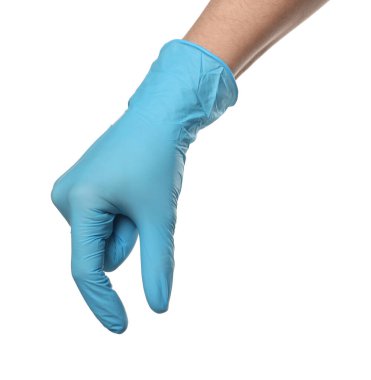 Tıbbi eldivenli doktor beyaz arka planda bir şey tutuyor.