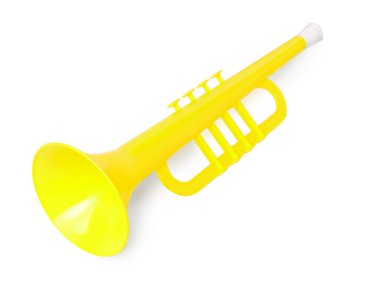 Sarı oyuncak boynuzu beyazda izole edilmiş. Çocukların müzik aleti.