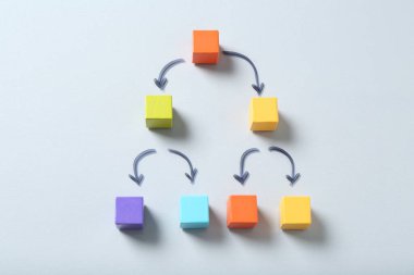 Açık gri arka planda renkli küplerle yapılmış aile ağacı, üst görünüm