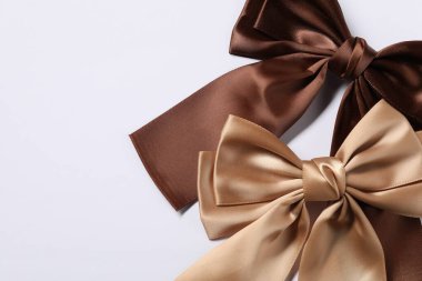 Beyaz arka planda güzel saç fiyonkları, düz yatış. Metin için boşluk