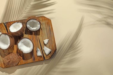 Taze hindistan cevizleri ve tropikal palmiyelerin bej arka planda bıraktığı gölgeler. Metin için boşluk