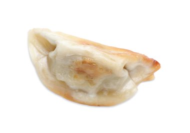 Bir kızarmış gyoza hamur köftesi, beyaza izole edilmiş, üst manzara
