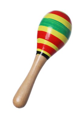Renkli oyuncak Maraca beyazda izole edilmiş. Çocukların müzik aleti.