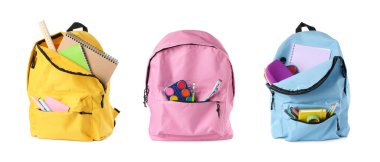 Okul kırtasiyesi olan farklı sırt çantaları beyaz, kolaj üzerine izole