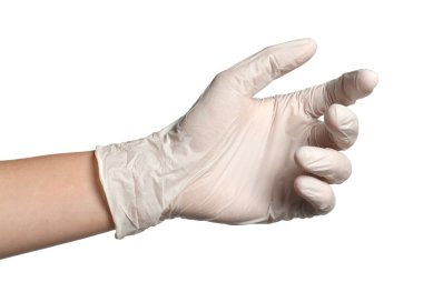 Beyaz arka planda tıp eldivenli doktor, yakın plan.