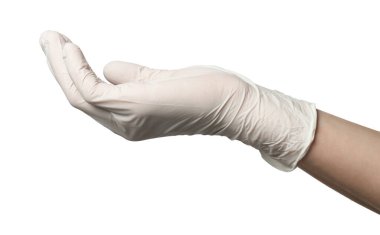 Tıbbi eldivenli doktor beyaz arka planda bir şey tutuyor.