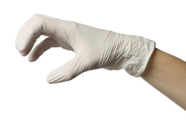 Tıbbi eldivenli doktor beyaz arka planda bir şey tutuyor.