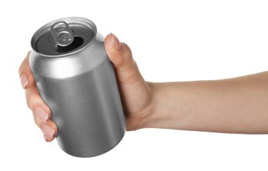 Beyaz arka planda teneke kutusu olan kadın, yakın plan.