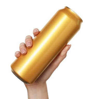 Beyaz arka planda teneke kutusu olan kadın, yakın plan.