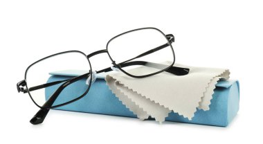 Case with stylish glasses and cleaning cloth isolated on white