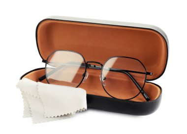 Case with stylish glasses and cleaning cloth isolated on white