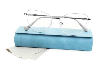 Case with stylish glasses and cleaning cloth isolated on white
