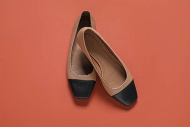 Kırmızı-kahverengi arka planda şık ayakkabılar, üst görünüm.