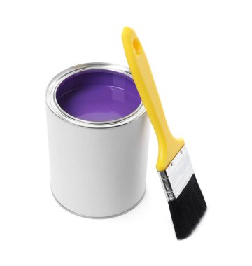 Can of purple paint and brush isolated on white