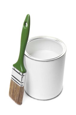 Open can of paint and brush isolated on white