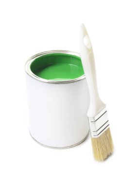 Can of green paint and brush isolated on white