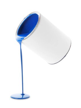 Blue paint flowing down from can on white background
