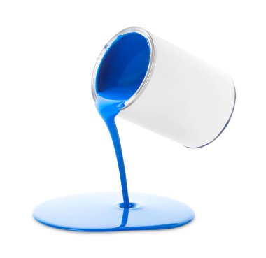 Blue paint flowing down from can on white background