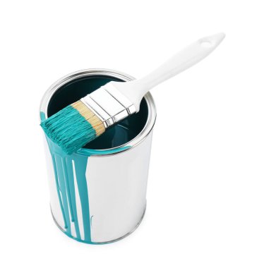 Can of turquoise paint and brush isolated on white