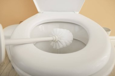 Cleaning toilet bowl with white brush indoors, closeup