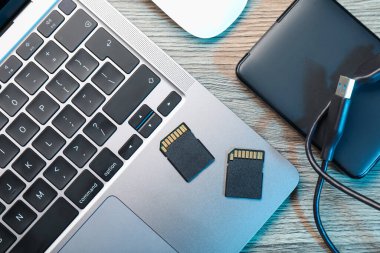 USB kablosu, SD hafıza kartı ve dizüstü bilgisayarı olan sabit disk sürücüsü, düz konum