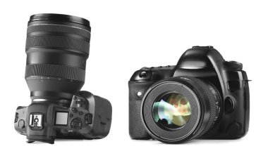 Fotoğraf makinesi beyaza izole edilmiş, kolaj. Farklı taraflardan görünüm