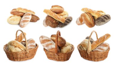 Beyaz üzerine izole edilmiş farklı ekmek türleri, set