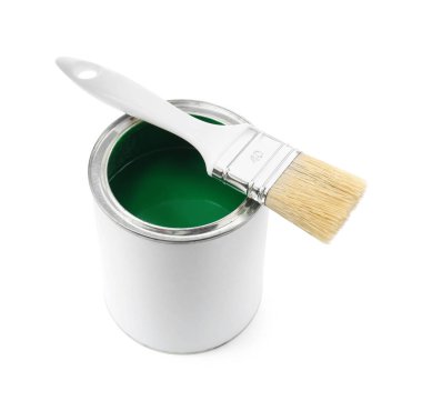 Can of green paint and brush isolated on white