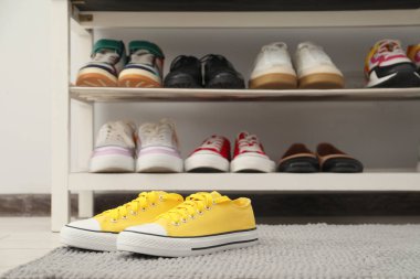 Ayakkabı dolabında farklı ayakkabılar var.