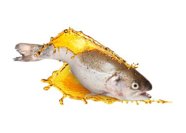 Yağlı taze balıklar beyaz arkaplanda sıçrıyor