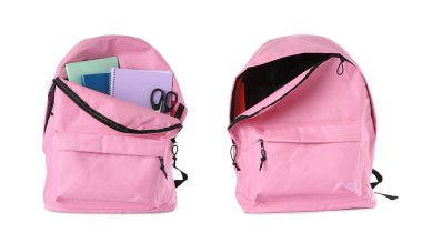 Pembe sırt çantası beyaza izole edilmiş, kolaj. Boş ve kırtasiyeyle dolu
