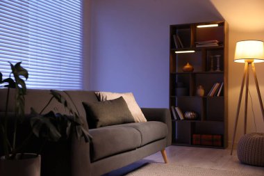 Rahat kanepesi ve ahşap raf ünitesi olan şık bir oturma odası. İç tasarım