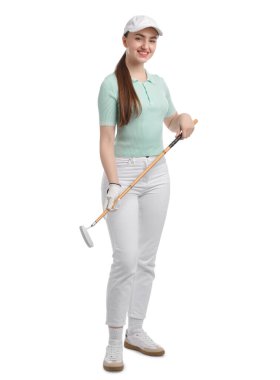 Beyaz arka planda golf sopası olan kadın.