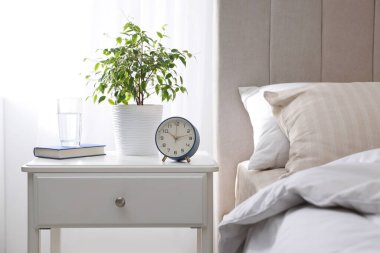 Yatağın yanında kitap, ev bitkisi, çalar saat ve yatağın yanında bir bardak su olan komodin.