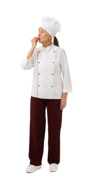 Beyaz arka planda şefin öpücüğünü yapan profesyonel bir şekerci.