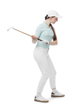 Beyaz arka planda golf sopası olan kadın.