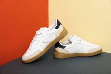 Renkli arka planda bir çift şık spor ayakkabı