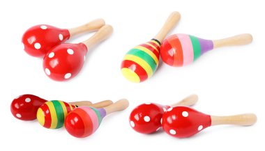 Beyaz arka planda renkli oyuncak marakalar, kolaj. Çocukların müzik aleti.