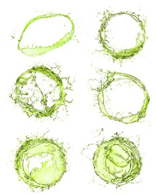 Beyaz arka planda yeşil su damlaları, kolaj.