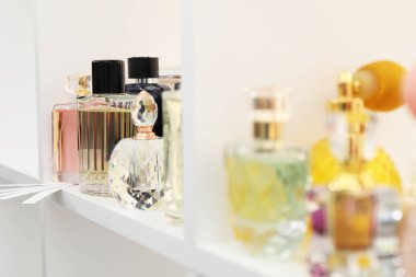 Dükkandaki raflarda farklı parfüm şişeleri ve parfümler var.