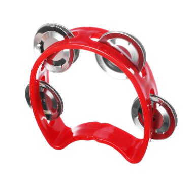Kırmızı oyuncak tef beyaza izole edilmiş. Çocukların müzik aleti.