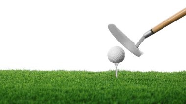 Beyazların arka planına golf sopasıyla vurmak. Metin için boşluk
