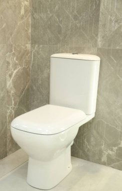 Duvarın yanında klozeti olan şık bir banyo. İç tasarım