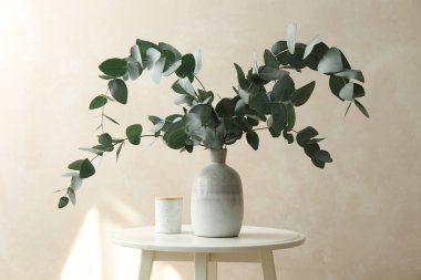 Açık gri duvarın yanındaki masada vazoda güzel okaliptüs dalları var.