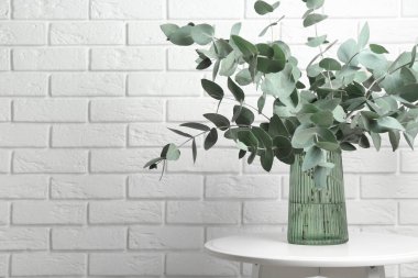 İçerideki beyaz tuğla duvarın yanındaki masada vazoda yeşil okaliptüs dalları var.