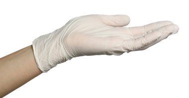 Tıbbi eldivenli doktor beyaz arka planda bir şey tutuyor.