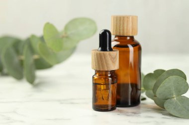 Gerekli yağ ve okaliptüs yaprakları beyaz mermer masanın üzerinde, yakın plan. Metin için boşluk