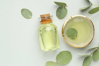 Beyaz arka planda bir şişe yağ, kase ve okaliptüs yaprağı, düz bir zemin. Metin için boşluk