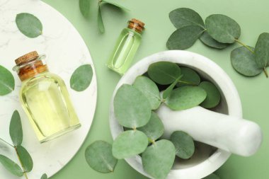 Yeşil zemin üzerinde gerekli yağ, okaliptüs yaprakları, harç ve tokmak şişeleri, düz yatıyordu.